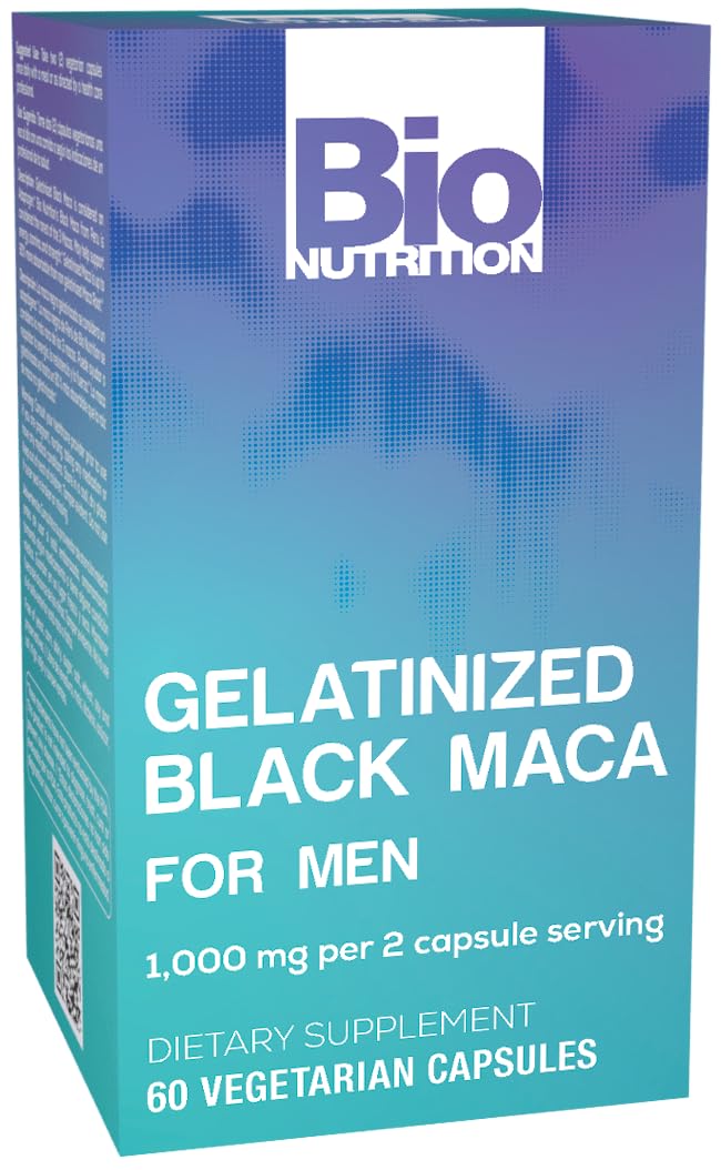 Bio Nutrition Gelatinized Black Maca bottle, supports energy and stamina.