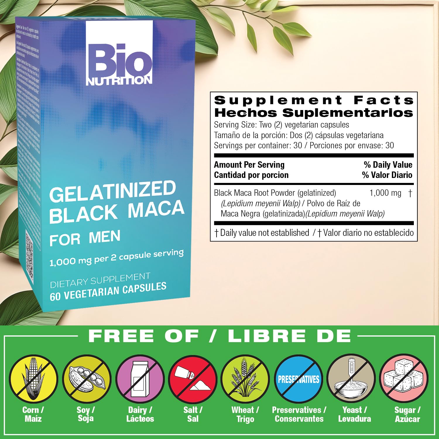 Bio Nutrition Gelatinized Black Maca capsules close-up, convenient daily energy support.