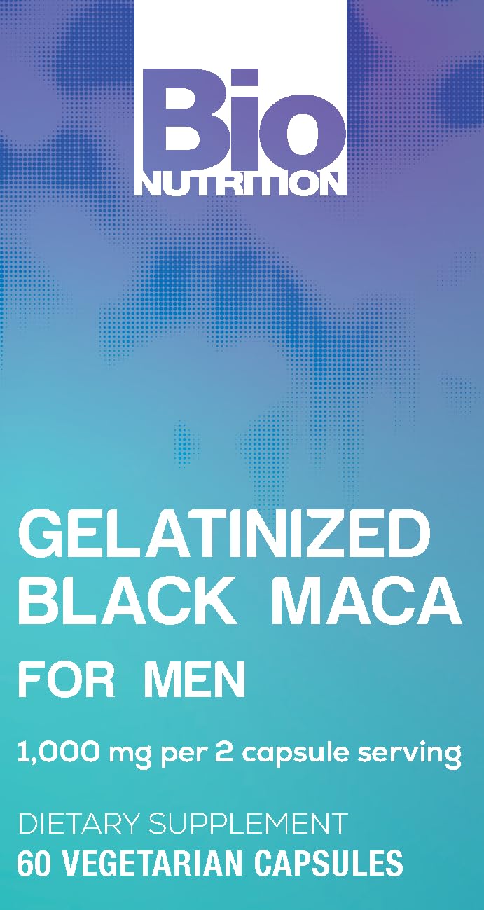 Bio Nutrition Gelatinized Black Maca daily-use bottle on shelf, supporting daily energy.