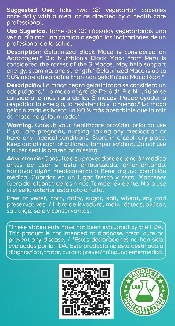 Bio Nutrition Gelatinized Black Maca ingredient label, high-absorption form for better uptake.