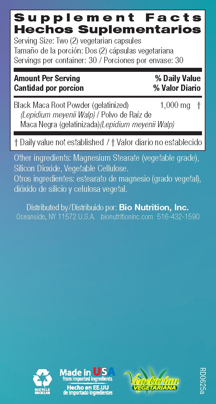 Bio Nutrition Gelatinized Black Maca supplement package with capsules ready to take for daily energy.