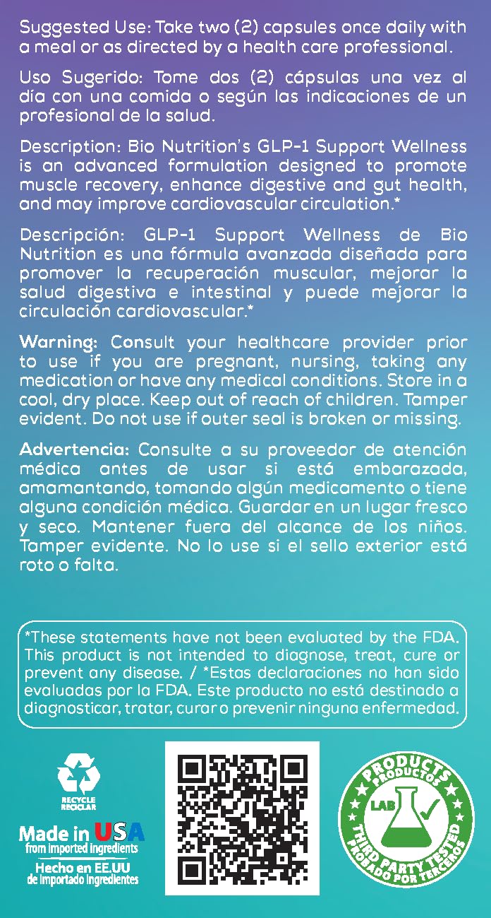 Bio Nutrition GLP-1 Wellness Support front label highlighting quality and daily use.