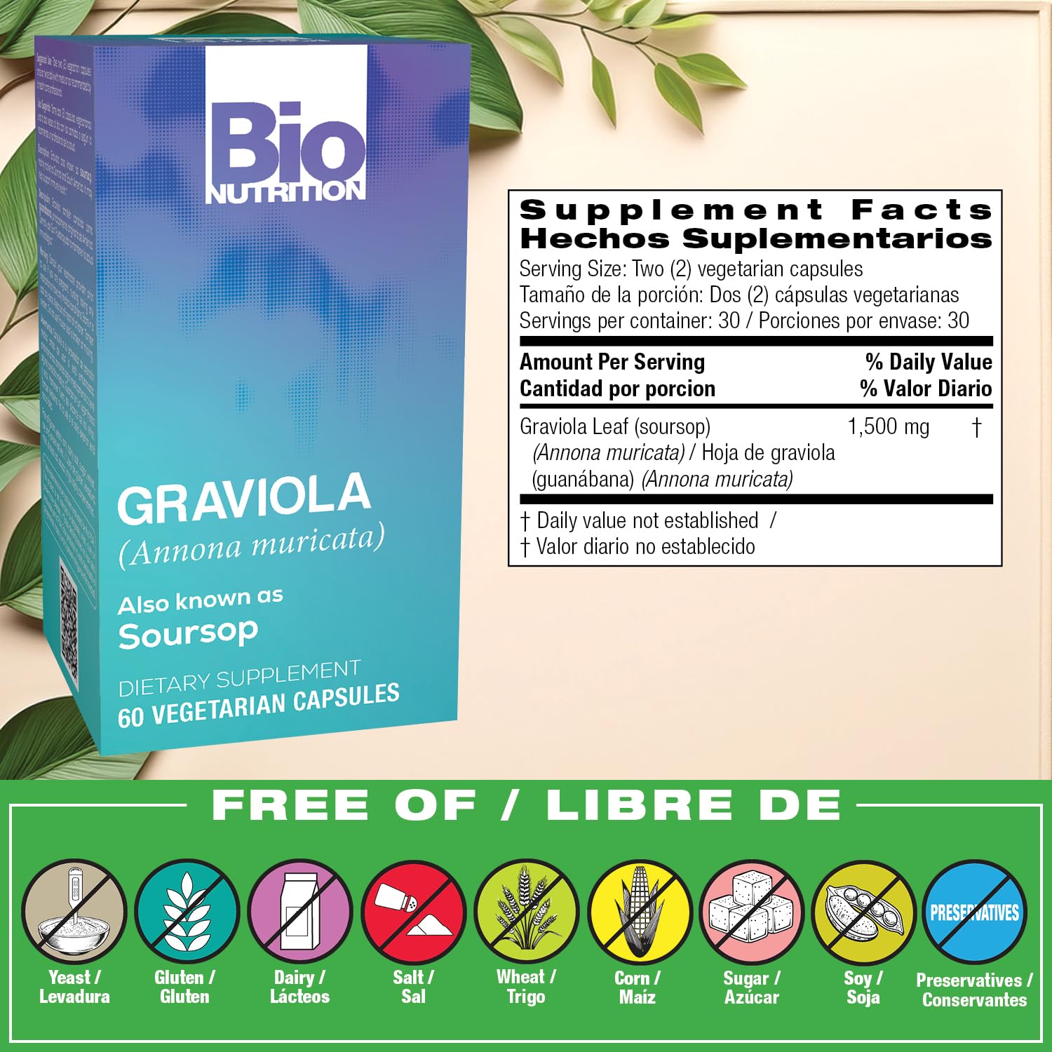 Bio Nutrition Graviola capsules close-up highlighting convenient vegetarian capsules