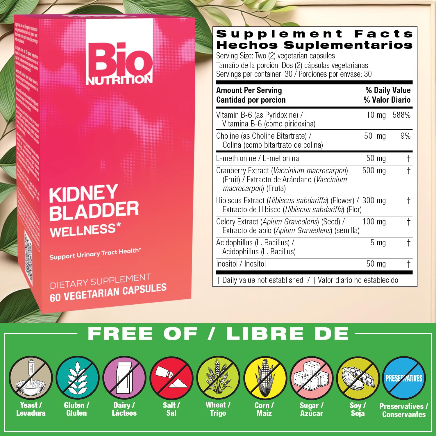 Bio Nutrition Kidney Bladder Wellness capsules close-up highlighting plant-based formula.