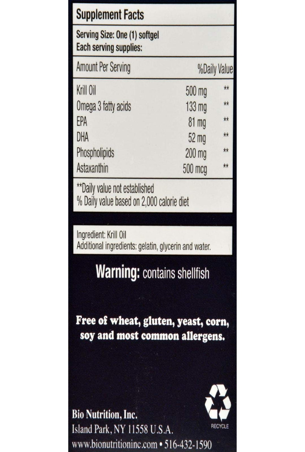 Bio Nutrition Krill Soft Gels ingredients label highlighting natural astaxanthin