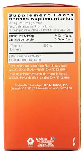 Pour-ready Bio Nutrition L-Tyrosine bottle with capsules.