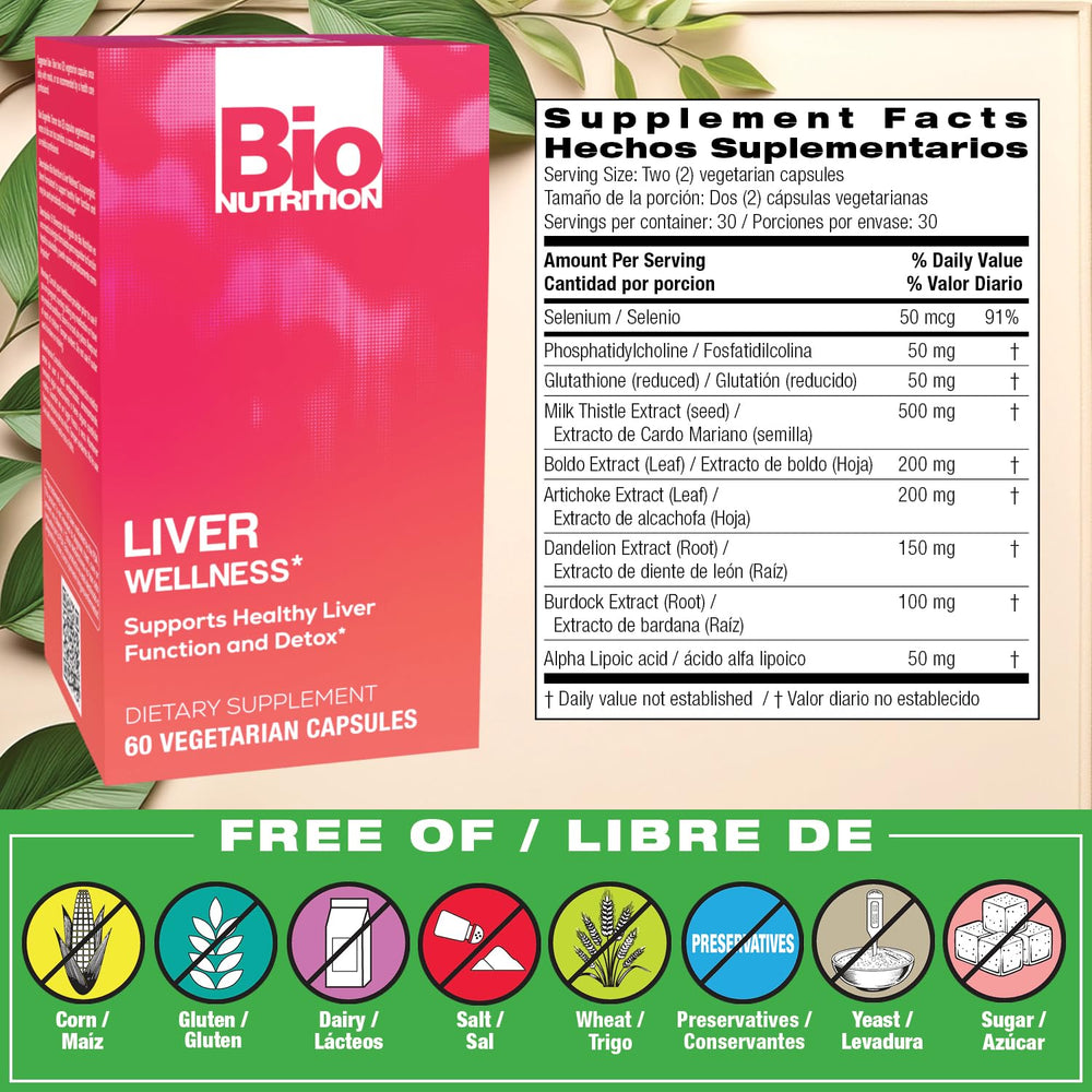Bio Nutrition Liver Wellness bottle back label highlights detoxification and daily use guidance.