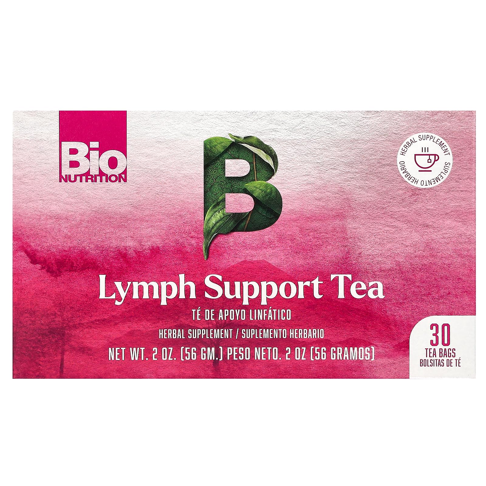 Bio Nutrition Lymph Support Tea tea bags in box, caffeine-free herbal blend for daily wellness.