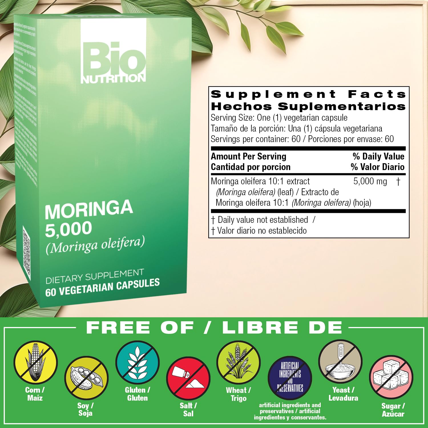 Bio Nutrition Moringa 5000 mg, cápsulas vegetarianas fáciles de incorporar.