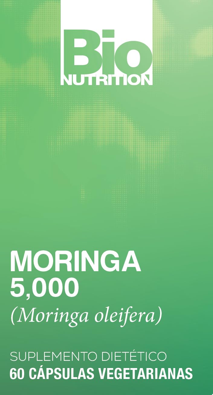 Bio Nutrition Moringa 5000 mg, etiqueta clara con información nutricional.