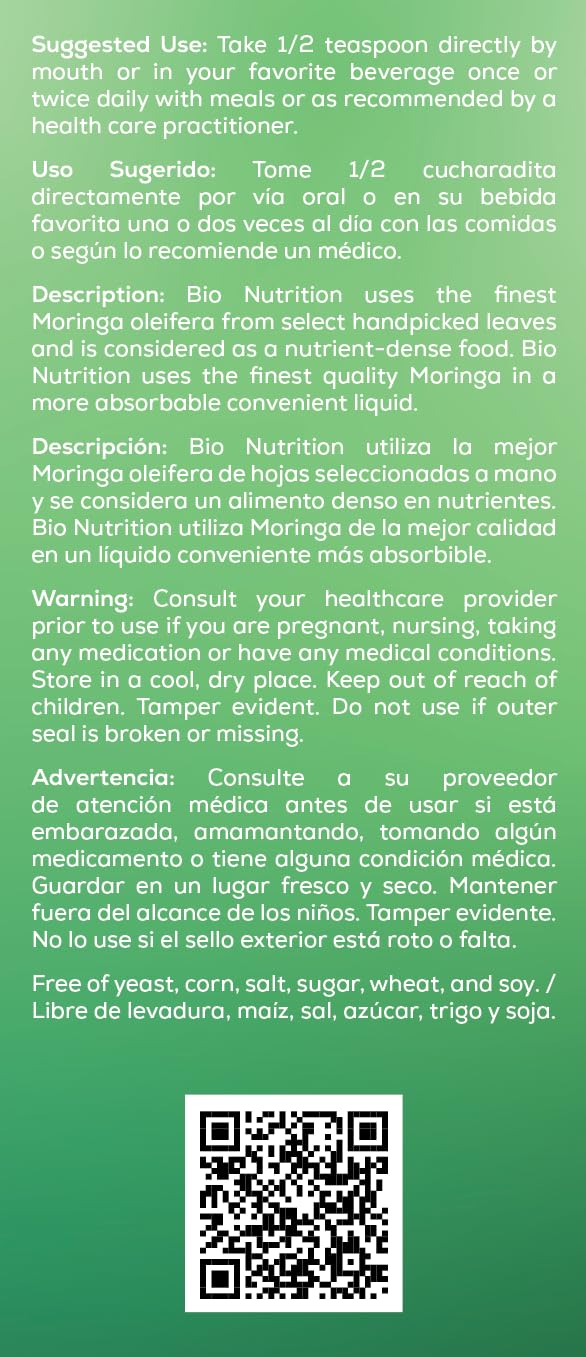 Bio Nutrition Moringa Liquid bottle with dropper for precise use.