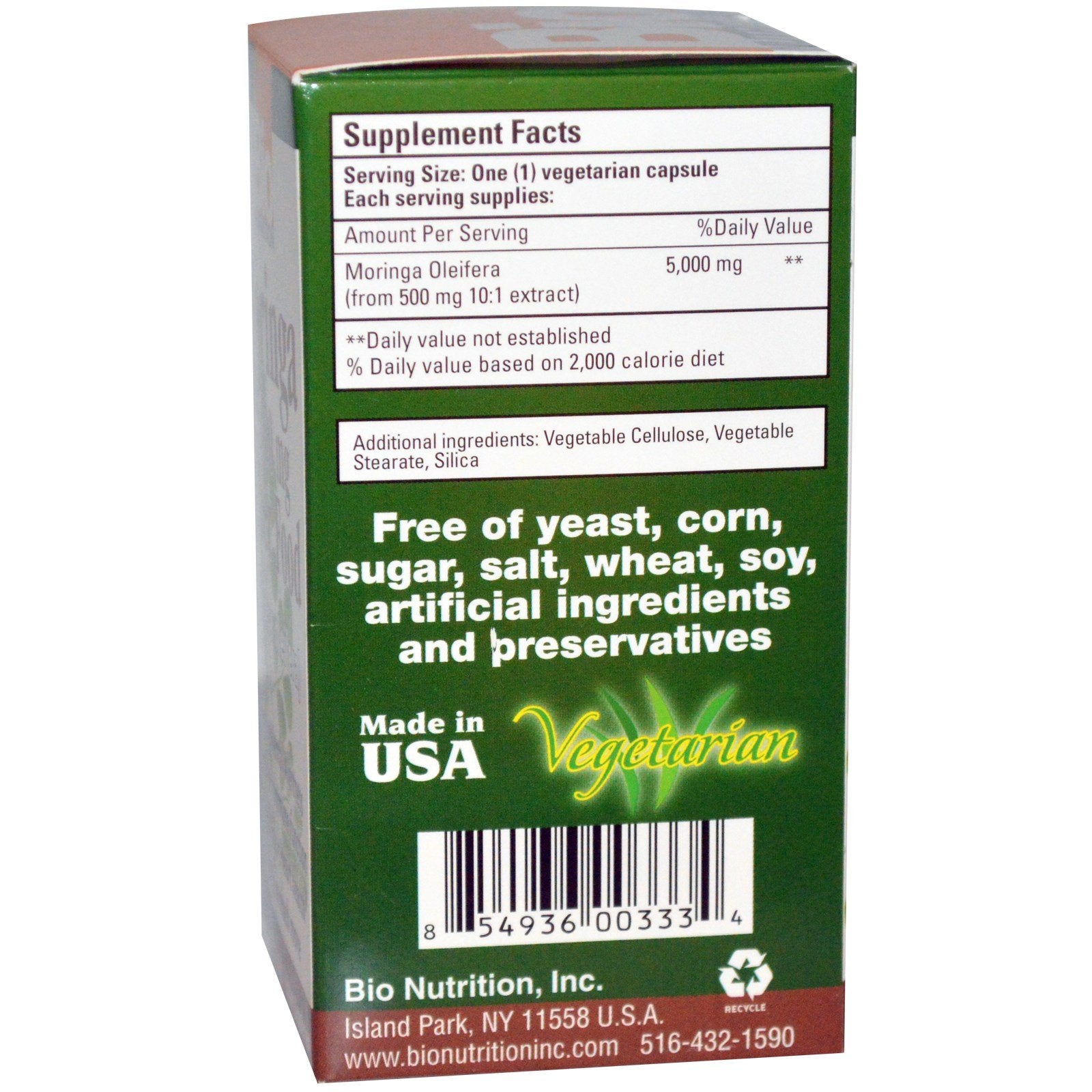 Bio Nutrition Moringa Oleifera capsules closeup for digestive balance and immune function.