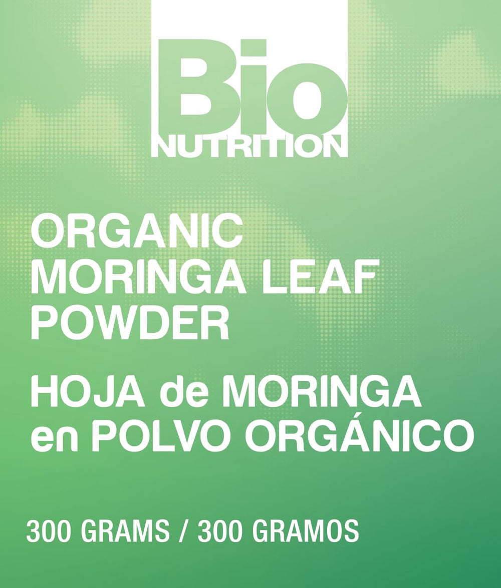 Bio Nutrition moringa powder being poured into a smoothie.