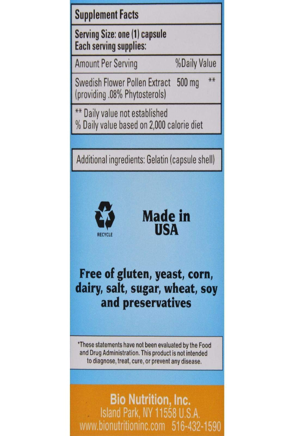 Bio Nutrition Swedish Flower Pollen Extract capsule closeup, shows standardized phytosterols and quality