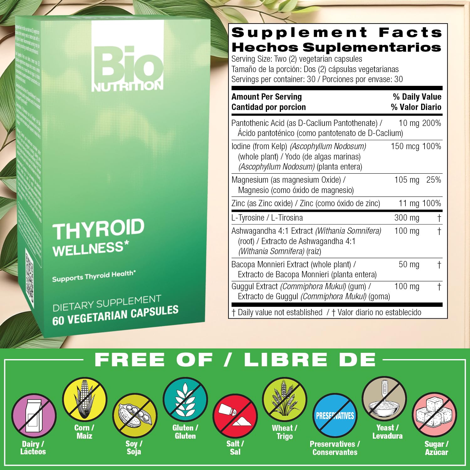 Bio Nutrition Thyroid Wellness capsules close-up highlighting vegetarian formula.