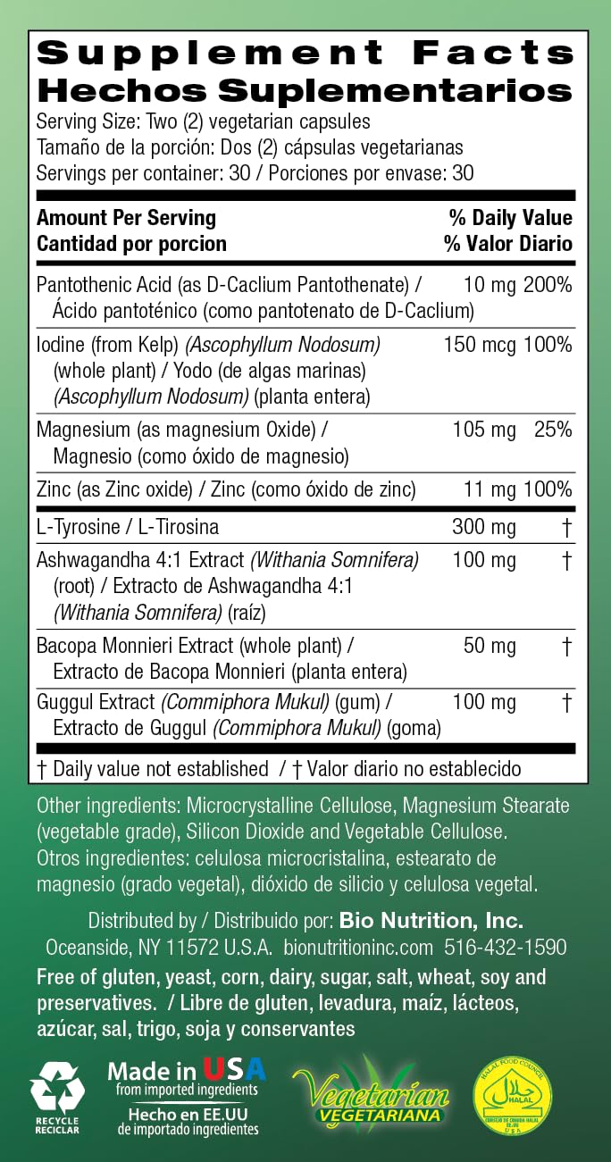 Box front shows gluten-free and vegetarian labels for Bio Nutrition Thyroid Wellness.