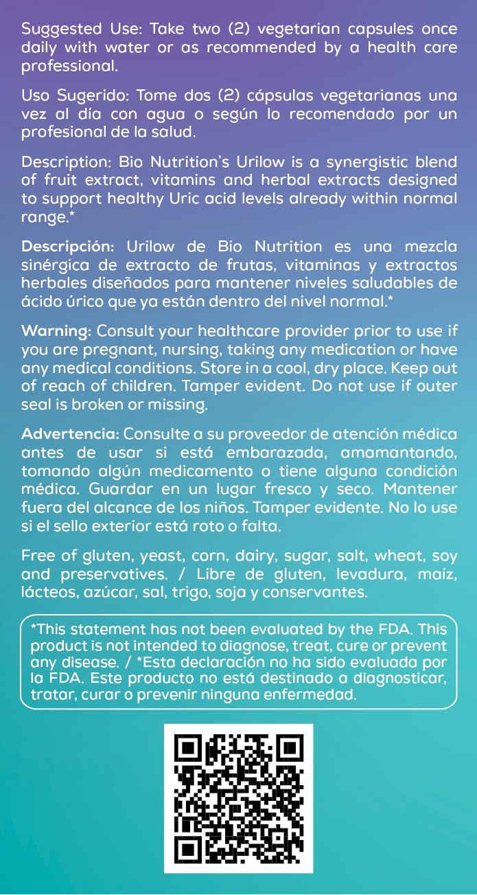 Bio Nutrition Urilow envase lateral mostrando dimensiones
