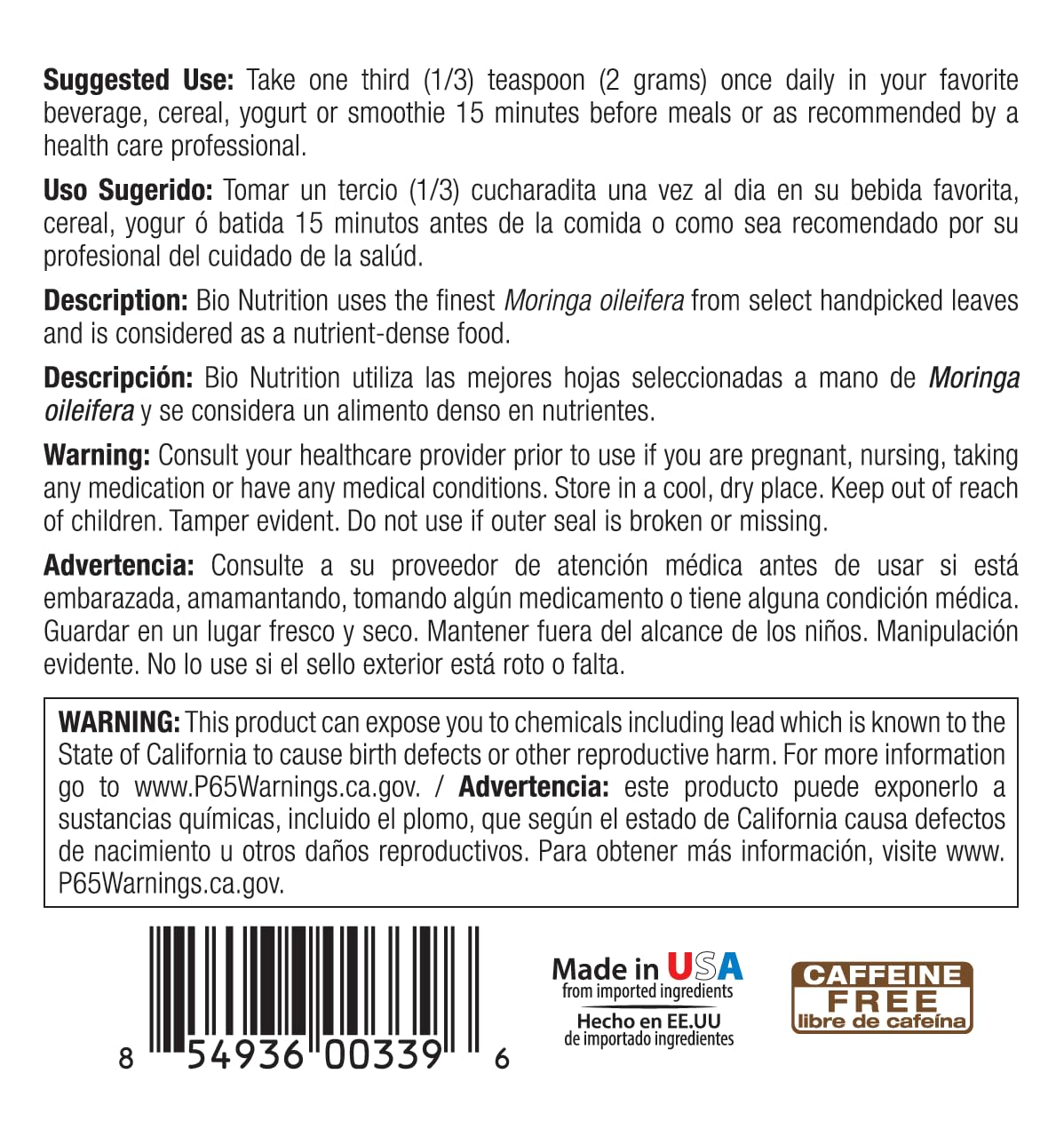 Bio Nutrition vegan-friendly moringa powder stirred into tea.