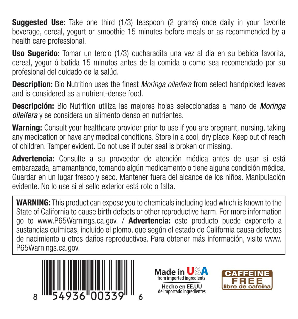 Bio Nutrition vegan-friendly moringa powder stirred into tea.