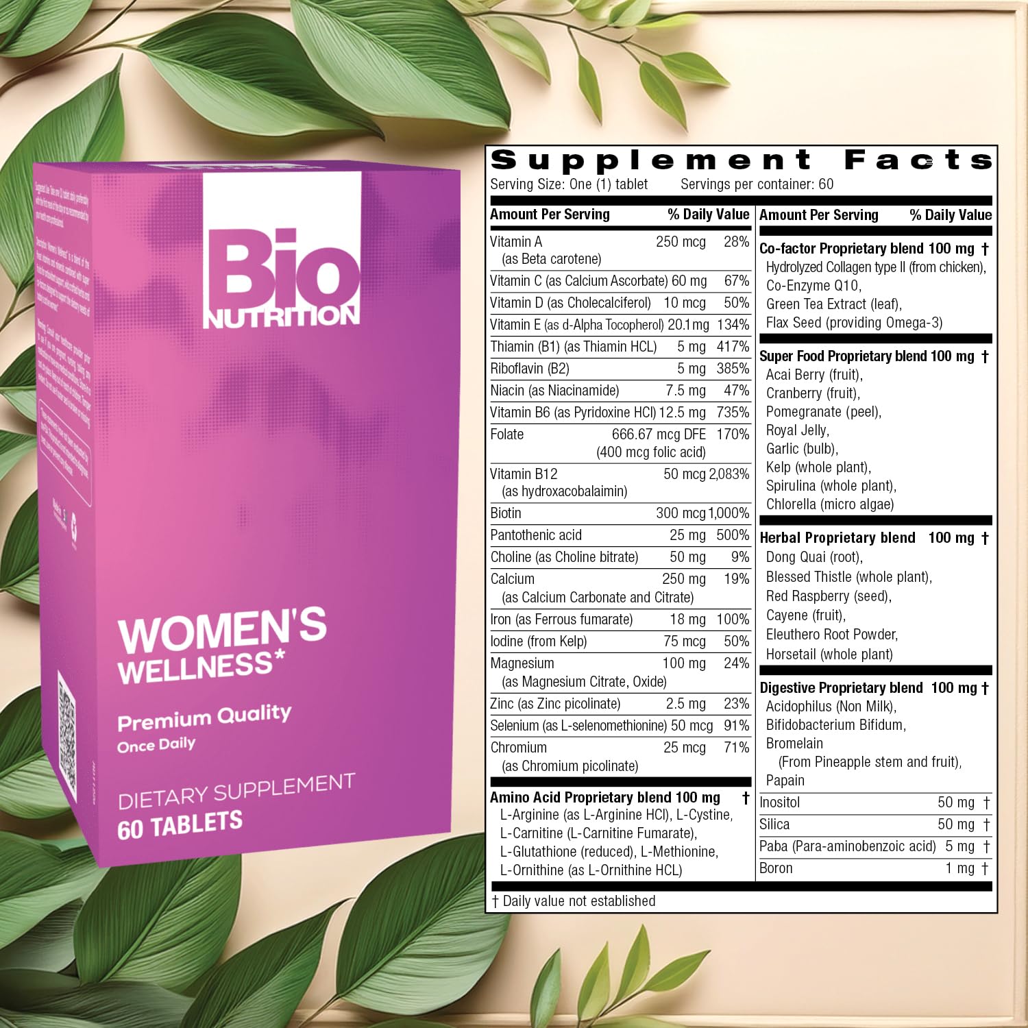 Bio Nutrition Women Wellness Tabs capsule closeup, easy-to-take tablet concept