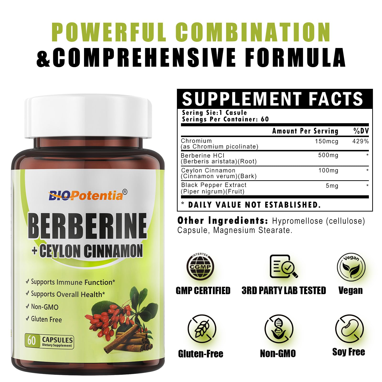 BIO POTENTIA Berberine Cinnamon bottle with authentic Ceylon extract.