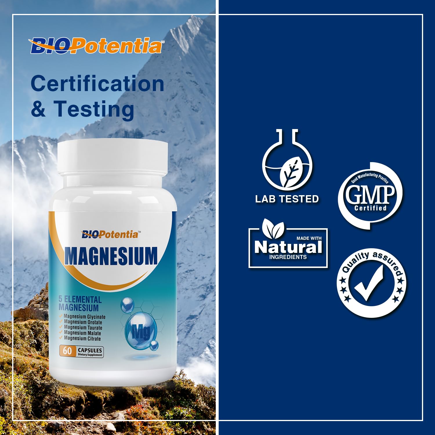 BIO POTENTIA Magnesium Complex bottle front emphasizing clean vegan, non-GMO formula.