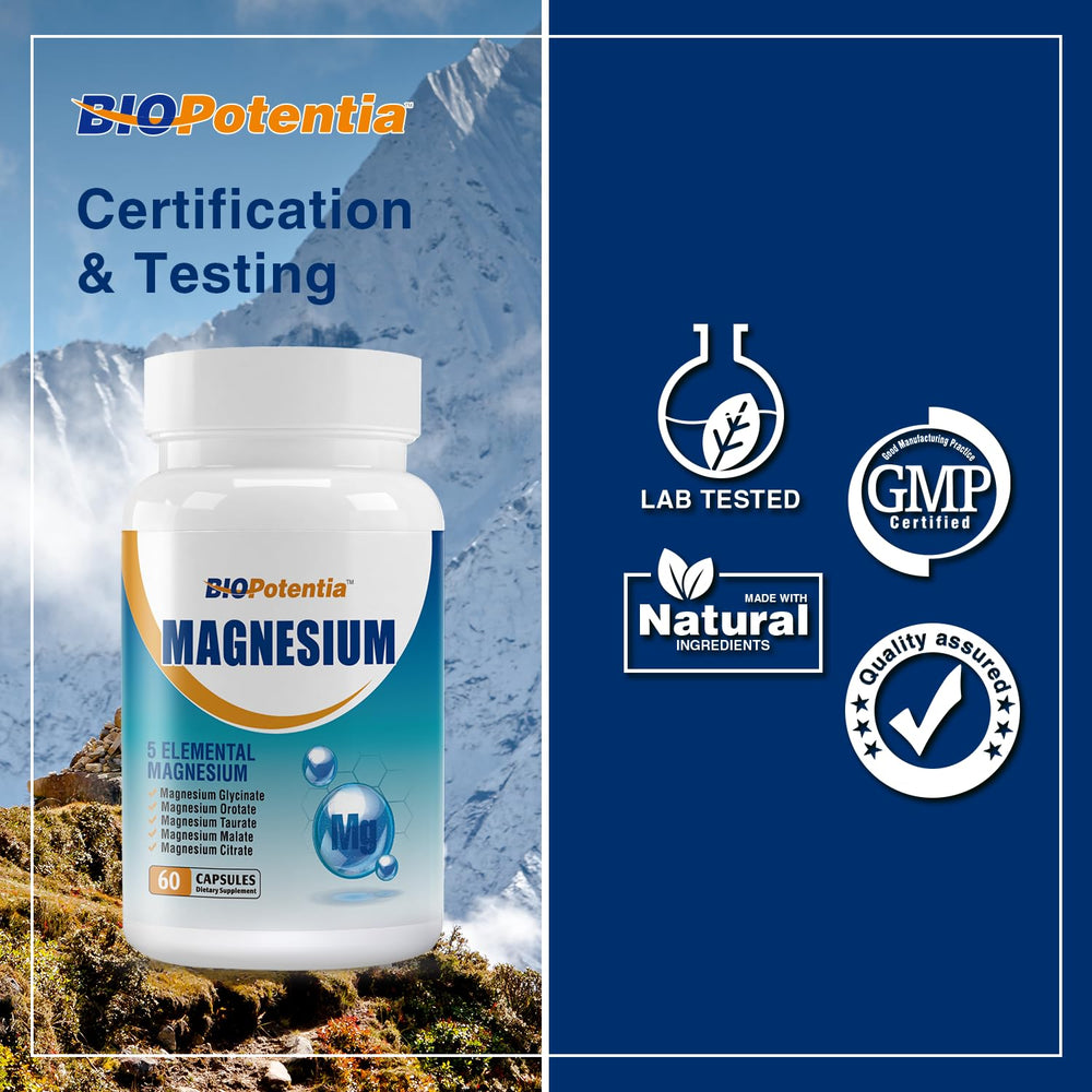 BIO POTENTIA Magnesium Complex bottle front emphasizing clean vegan, non-GMO formula.