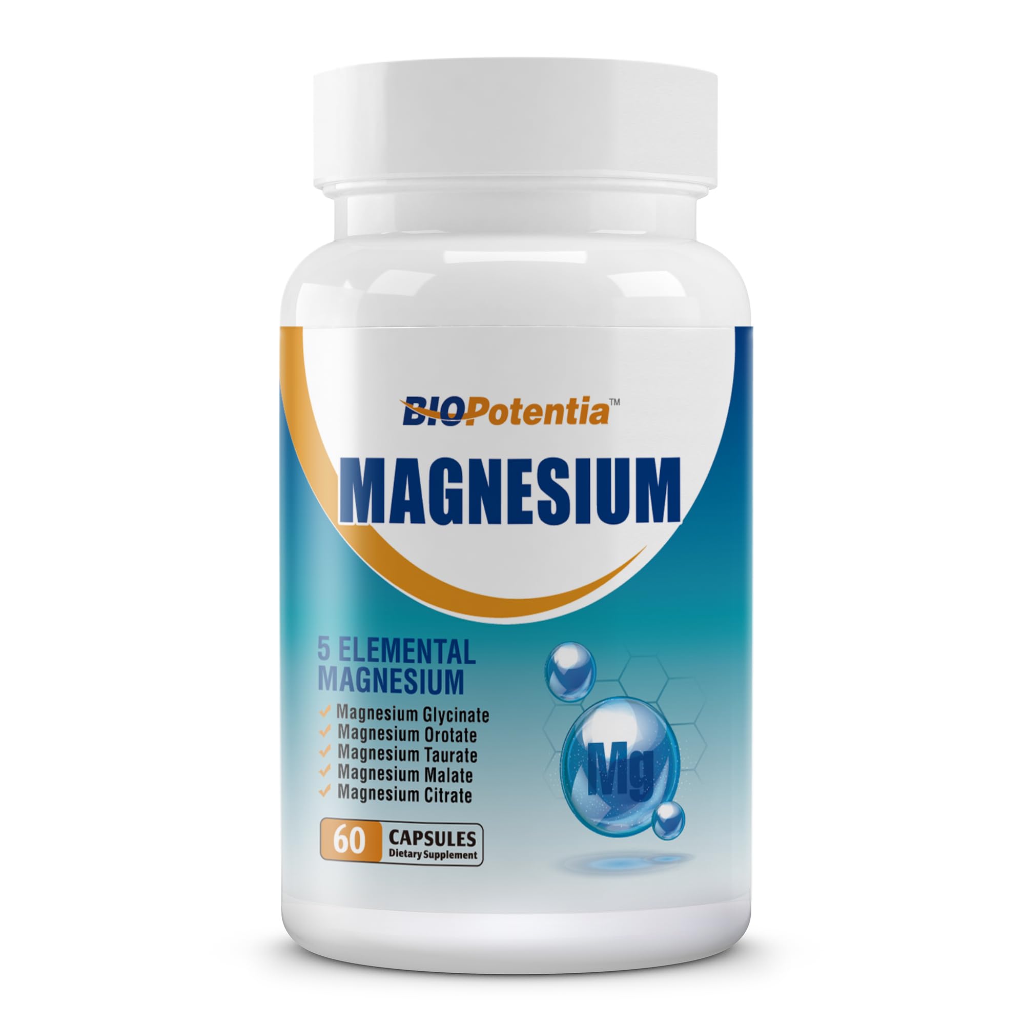 BIO POTENTIA Magnesium Complex bottle label showcasing 60 vegan capsules for daily wellness.
