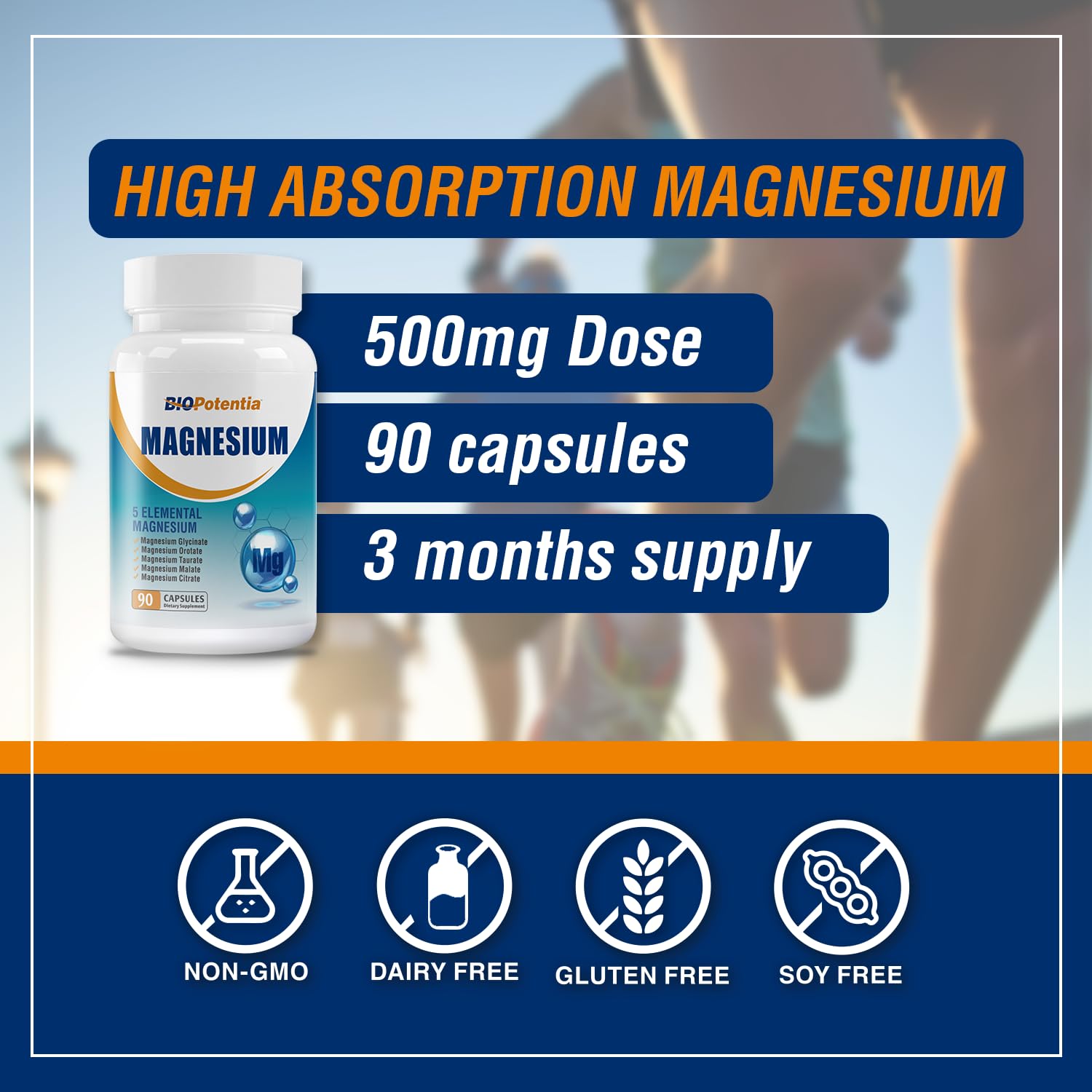 BIO POTENTIA Magnesium glycinate-citrate label highlighting 5-in-1 absorption.