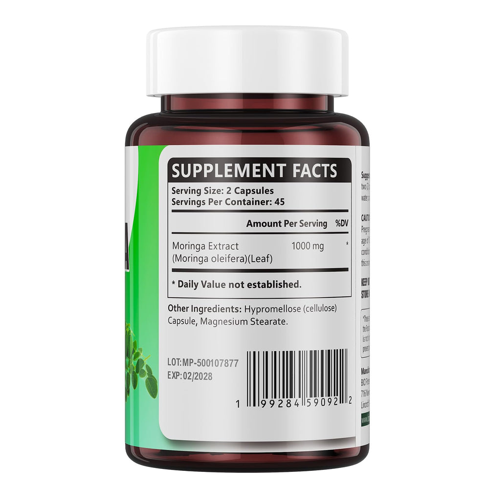 BIO POTENTIA Moringa capsules being poured into a glass for daily use