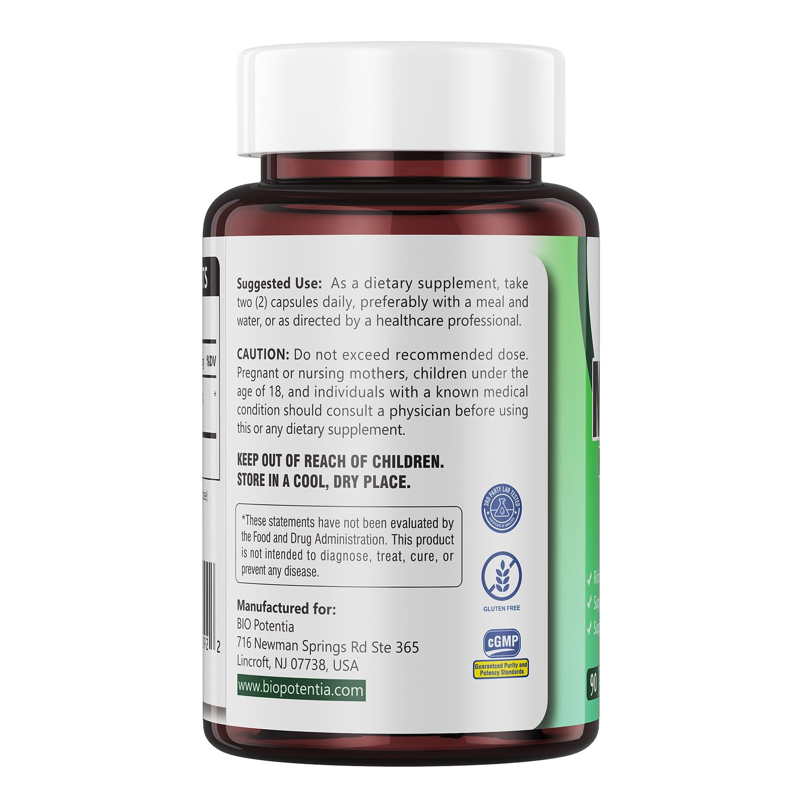 BIO POTENTIA Moringa capsules label detail showing organic purity and non-GMO promise