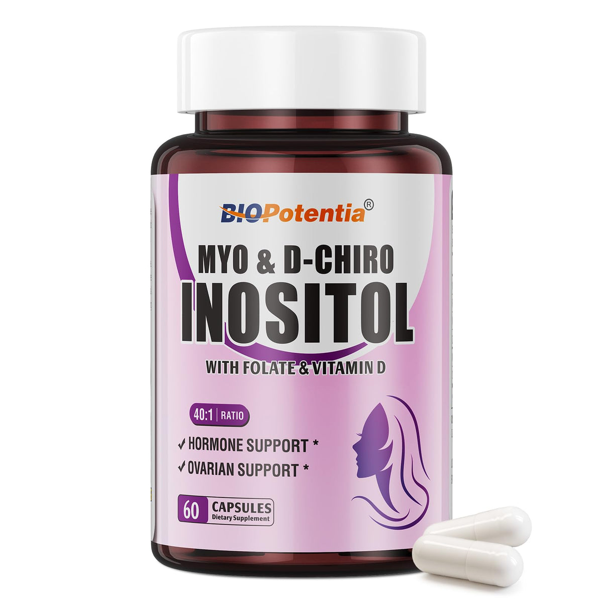 BIO POTENTIA bottle shows 40:1 inositol ratio for hormonal balance.