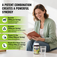 BIO POTENTIA Quercetin with Bromelain bottle label featuring vitamins C and D3 with zinc