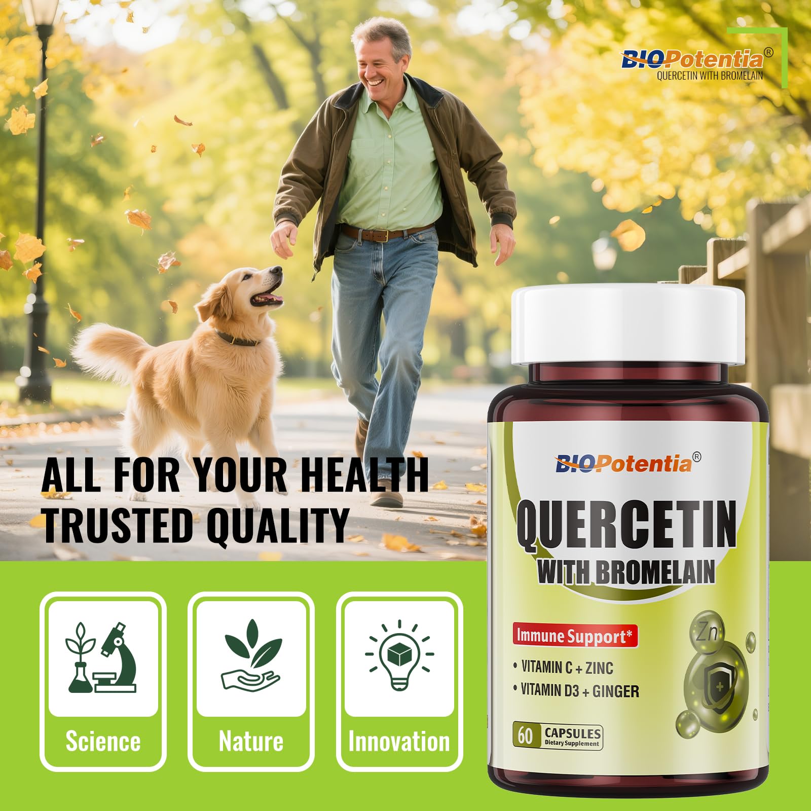 BIO POTENTIA Quercetin with Bromelain lifestyle shot suggesting everyday wellness routine