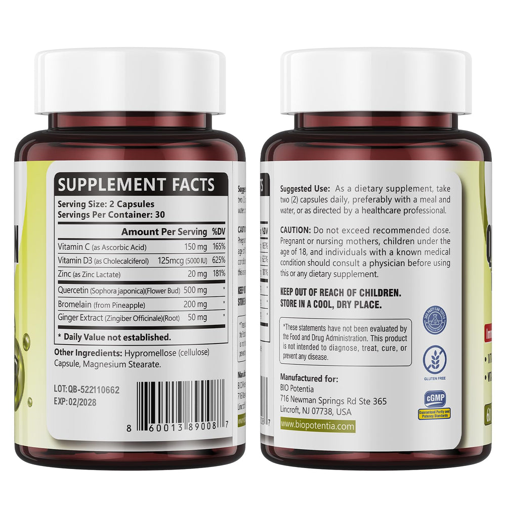 BIO POTENTIA Quercetin with Bromelain packaging indicating vegan-friendly gluten-free formulation
