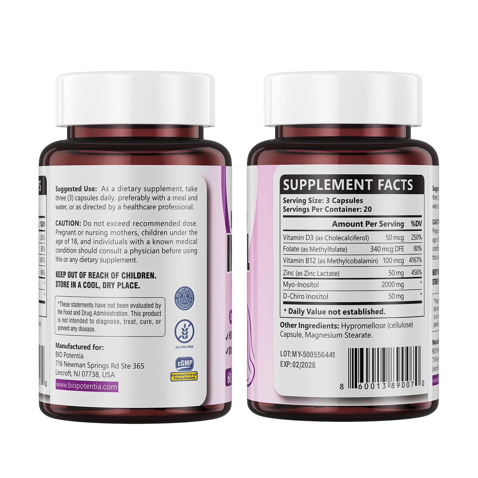 BIO POTENTIA label showcases vitamin D3, folate, B2, and zinc benefits.