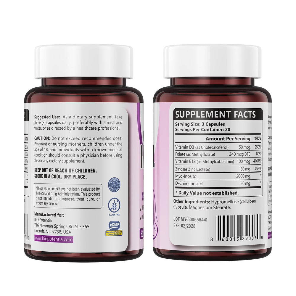 BIO POTENTIA label showcases vitamin D3, folate, B2, and zinc benefits.