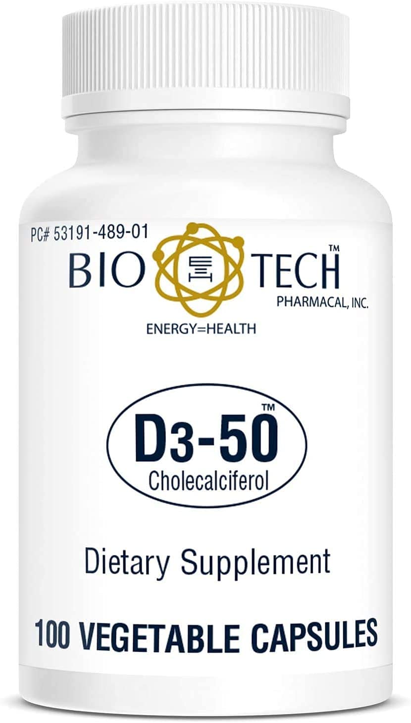 Bio-Tech Pharmacal D3-50 bottle showing 50,000 IU vitamin D3 for bone and immune support.