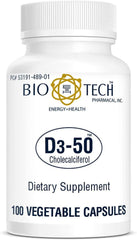 Bio-Tech Pharmacal D3-50 bottle showing 50,000 IU vitamin D3 for bone and immune support.