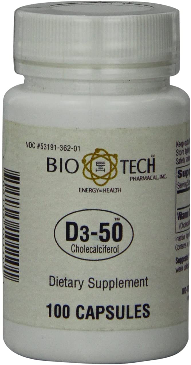 Bio-Tech Pharmacal D3-50 bottle front showing high-potency vitamin D3 for bone support