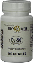 Bio-Tech Pharmacal D3-50 bottle front showing high-potency vitamin D3 for bone support