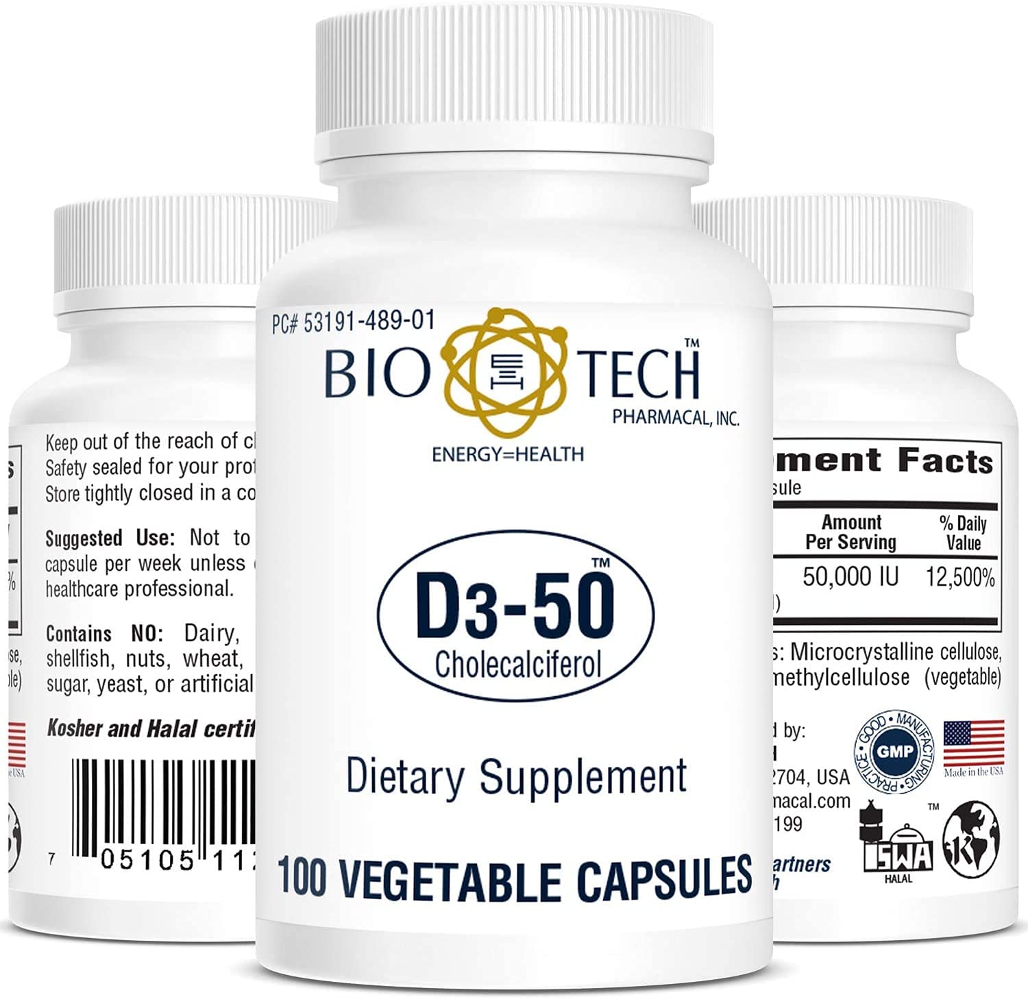 Close-up of Bio-Tech Pharmacal D3-50 capsules highlighting easy weekly dosing.