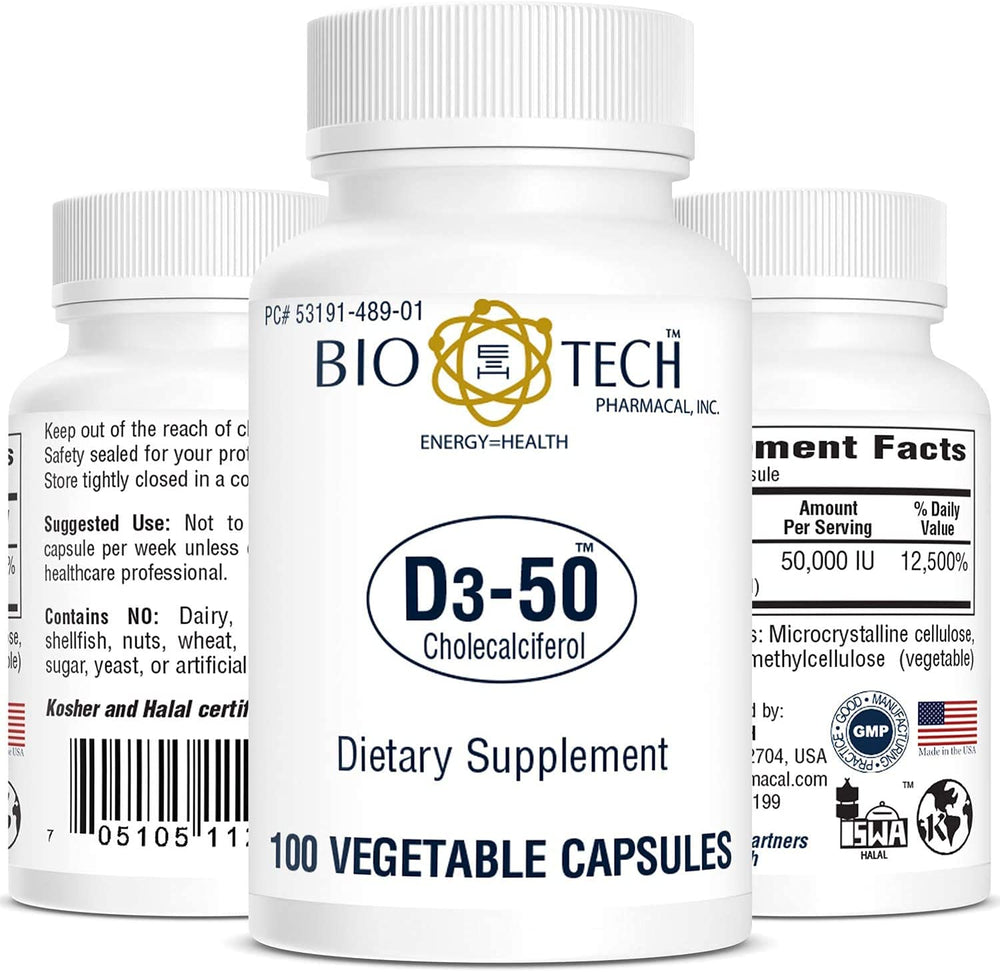 Close-up of Bio-Tech Pharmacal D3-50 capsules highlighting easy weekly dosing.