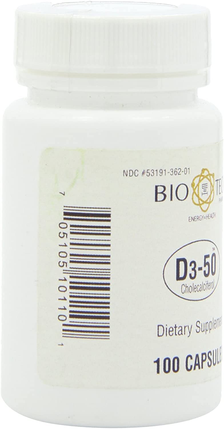Bio-Tech Pharmacal D3-50 label close-up emphasizing dairy-free, halal features