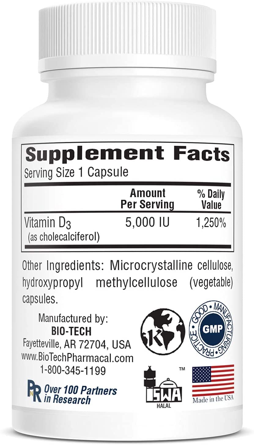 Bio-Tech Pharmacal Vitamin D3 capsules ready for daily consumption.