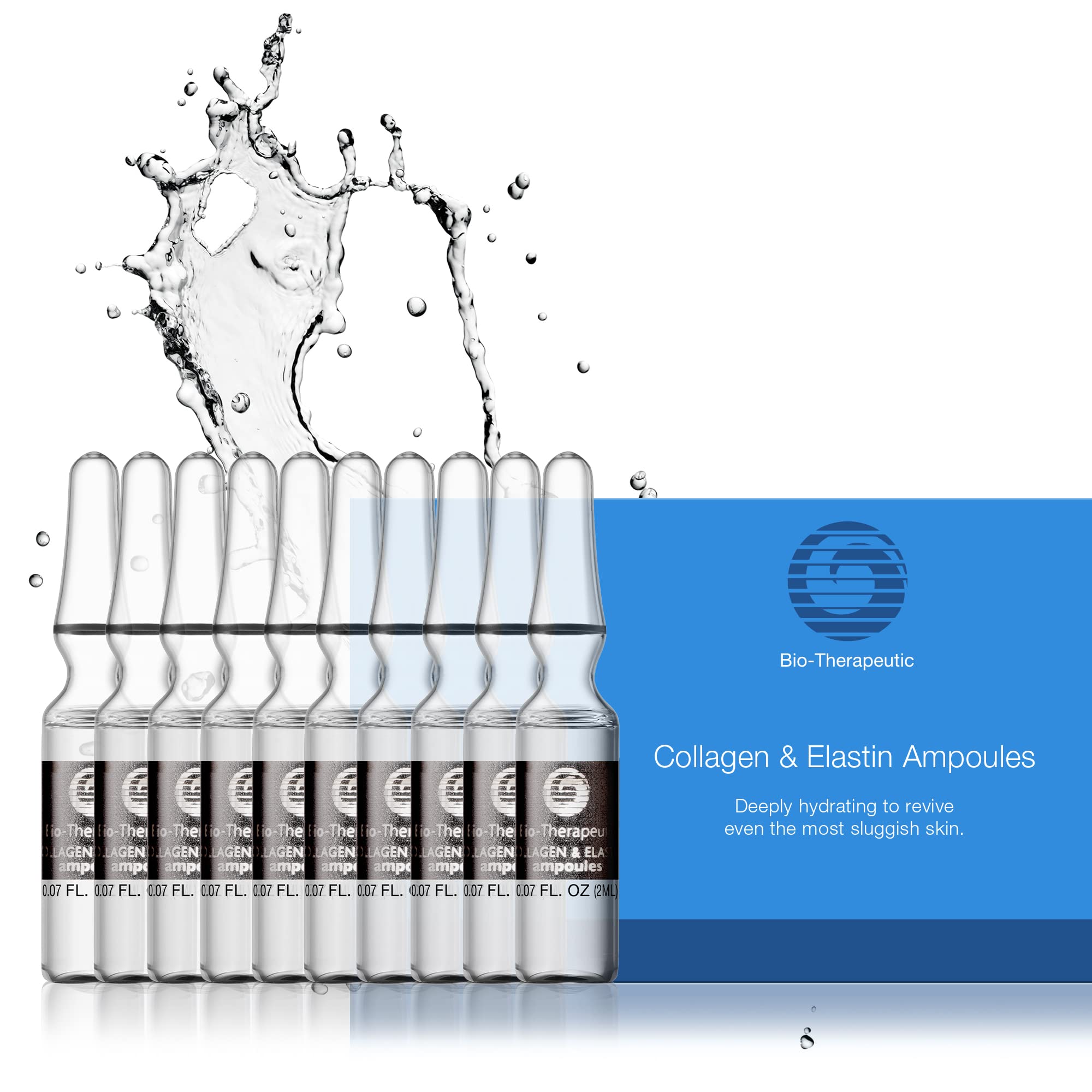Bio-Therapeutic Collagen & Elastin ampoules packaging, travel-ready hydration in protective glass vials