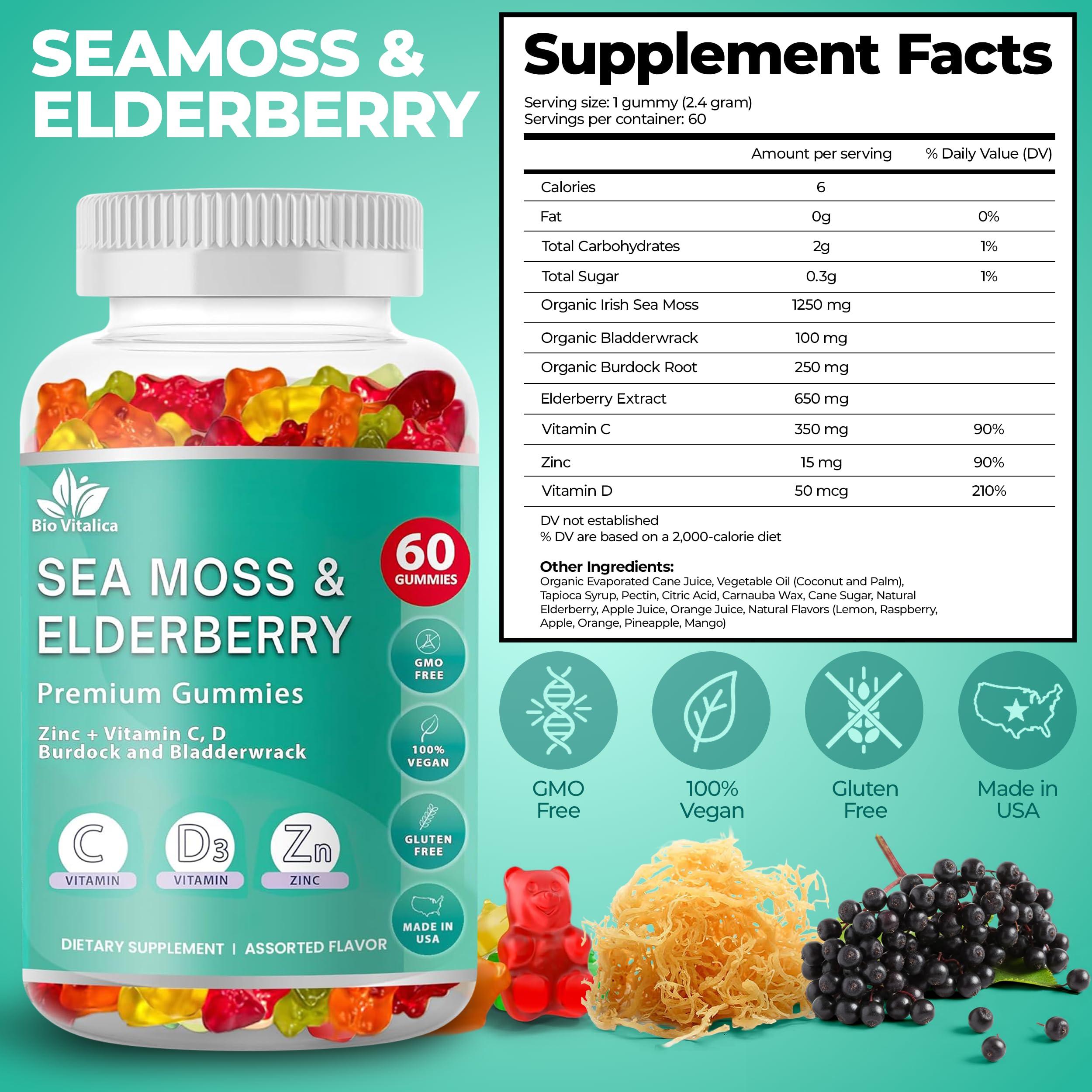 Close-up of Bio Vitalica bottle highlighting vegan sea moss gummies.