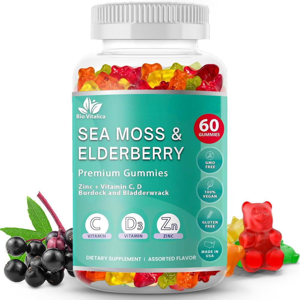 Bio Vitalica Sea Moss Gummies with Elderberry bottle showing immune support potential.