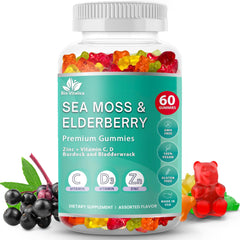 Bio Vitalica Sea Moss Gummies with Elderberry bottle showing immune support potential.