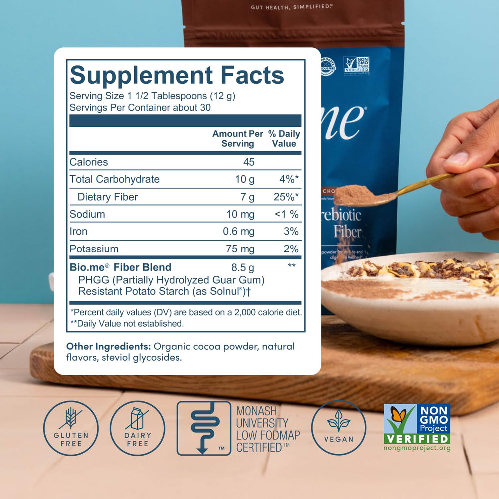 Bio.me fiber powder blended into smoothie for versatile digestive health support